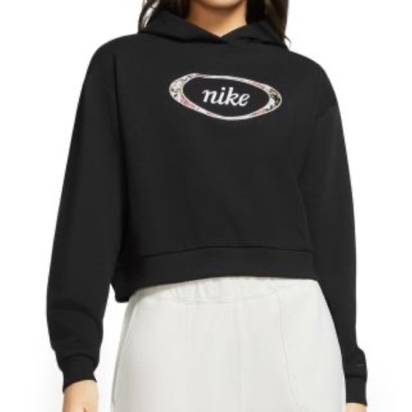 Nike Black Floral Print Crop Pullover Hoodie Size small Long Sleeve DJ1084-010 - Picture 1 of 11